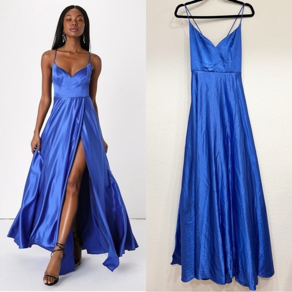 Size S Lulus Ballroom Babe Royal Blue Satin A-Line Backless‎ Maxi Prom Dress - Picture 1 of 9